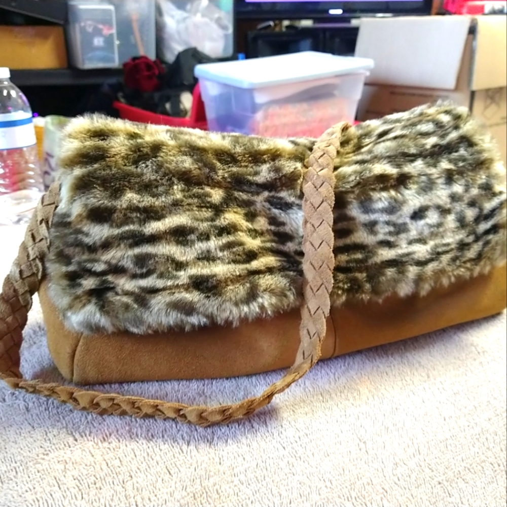 Rare Dennis Basso Leather & Cheetah Faux Fur Shoulder Bag Purse